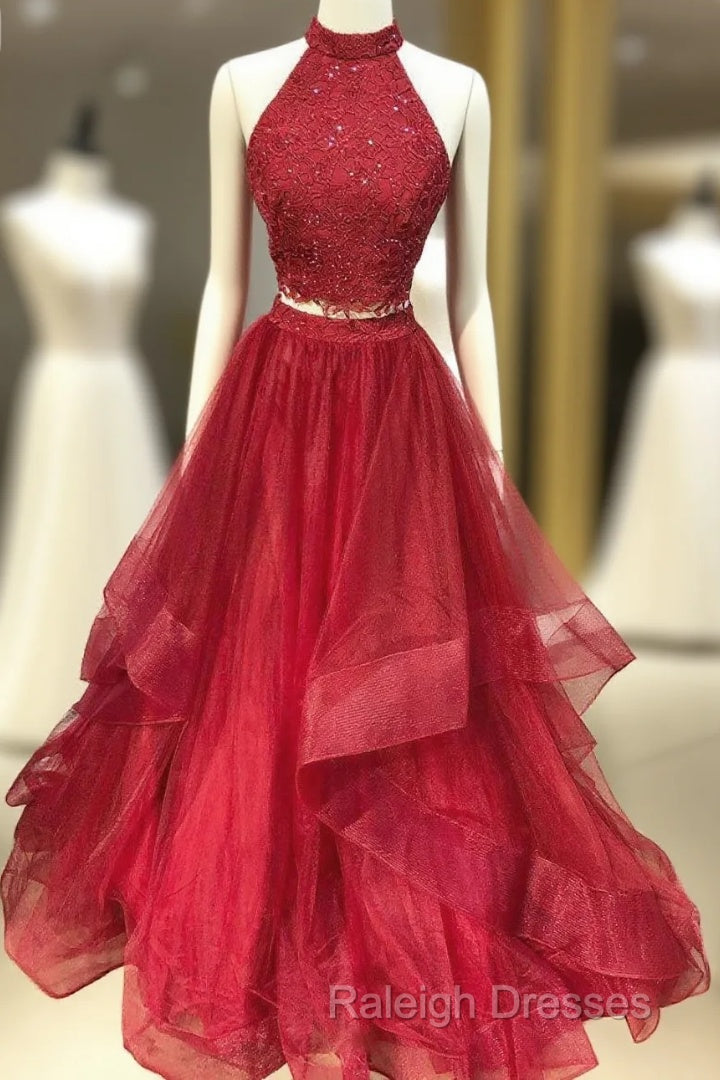 Burgundy Two Pieces Tulle Lace Long Prom Dress, Lace Evening Dress Main image
