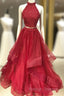 Burgundy Two Pieces Tulle Lace Long Prom Dress, Lace Evening Dress