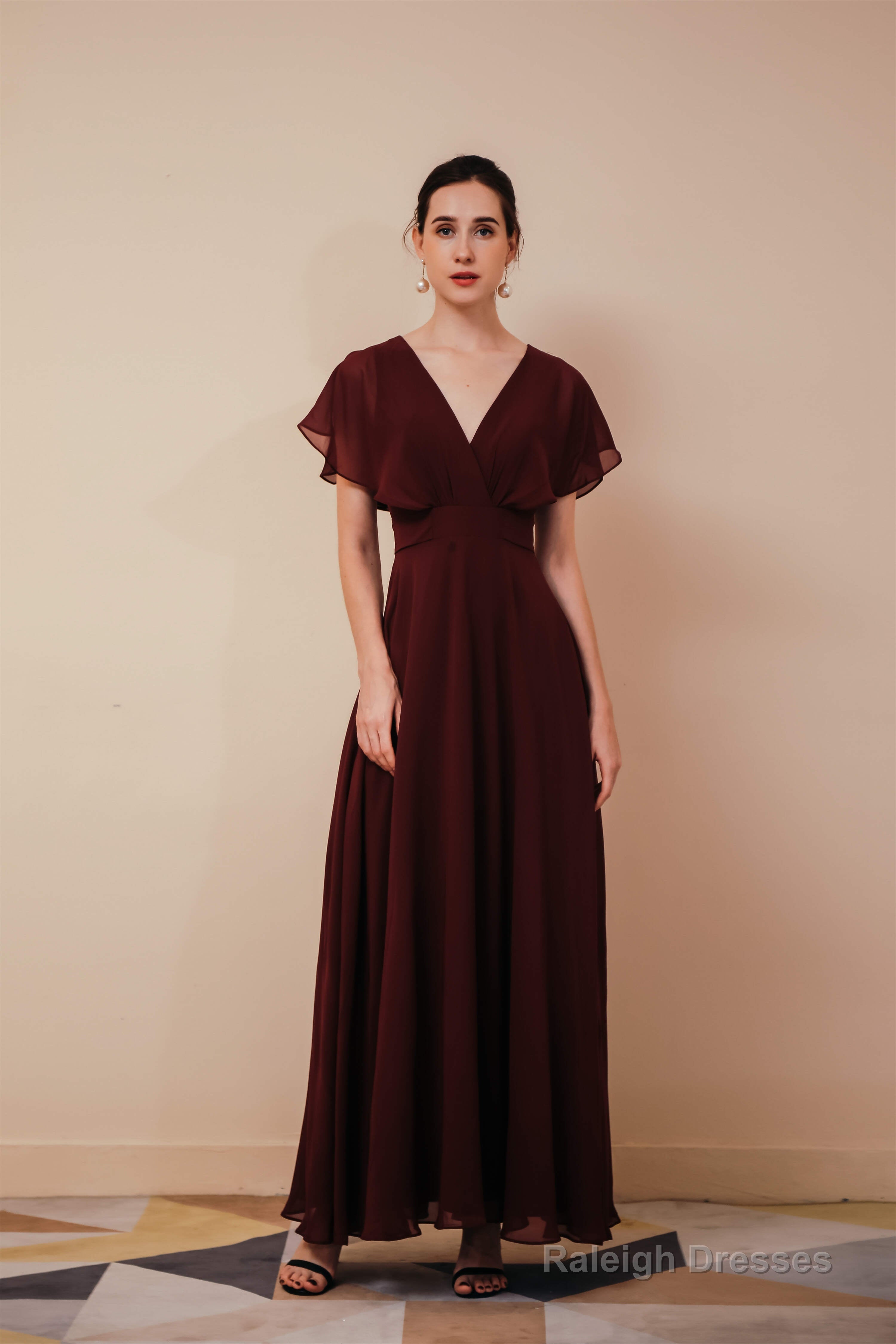 Burgundy V-Neck Chiffon A Line Long Prom Dresses Main image