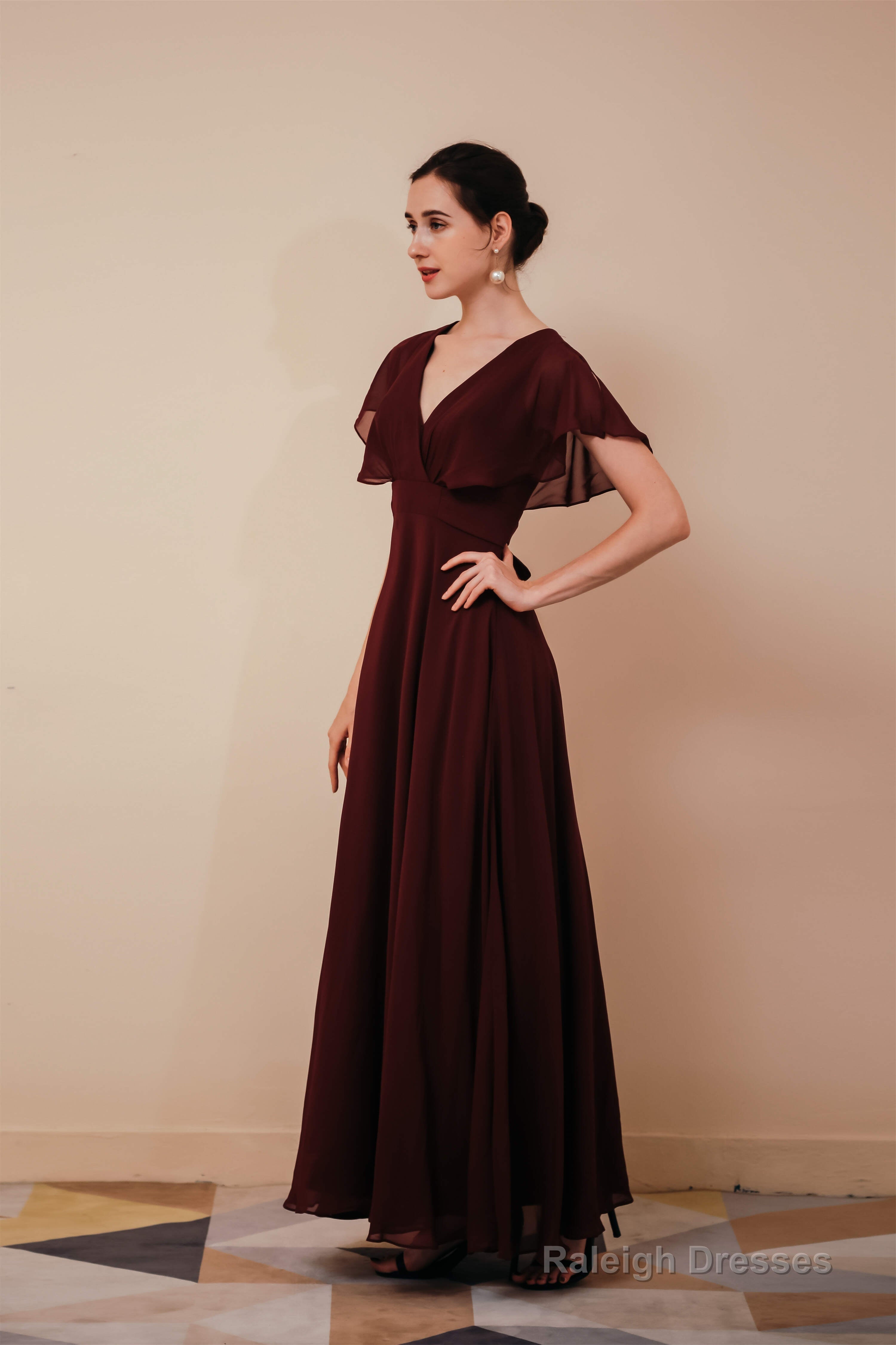 Burgundy V-Neck Chiffon A Line Long Prom Dresses