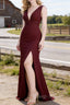 Burgundy V Neck Chiffon Bridesmaid Dresses Prom Dresses Long With Pleated Split