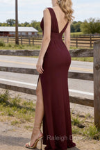 Burgundy V Neck Chiffon Bridesmaid Dress Prom Dresses Long With Pleated Split