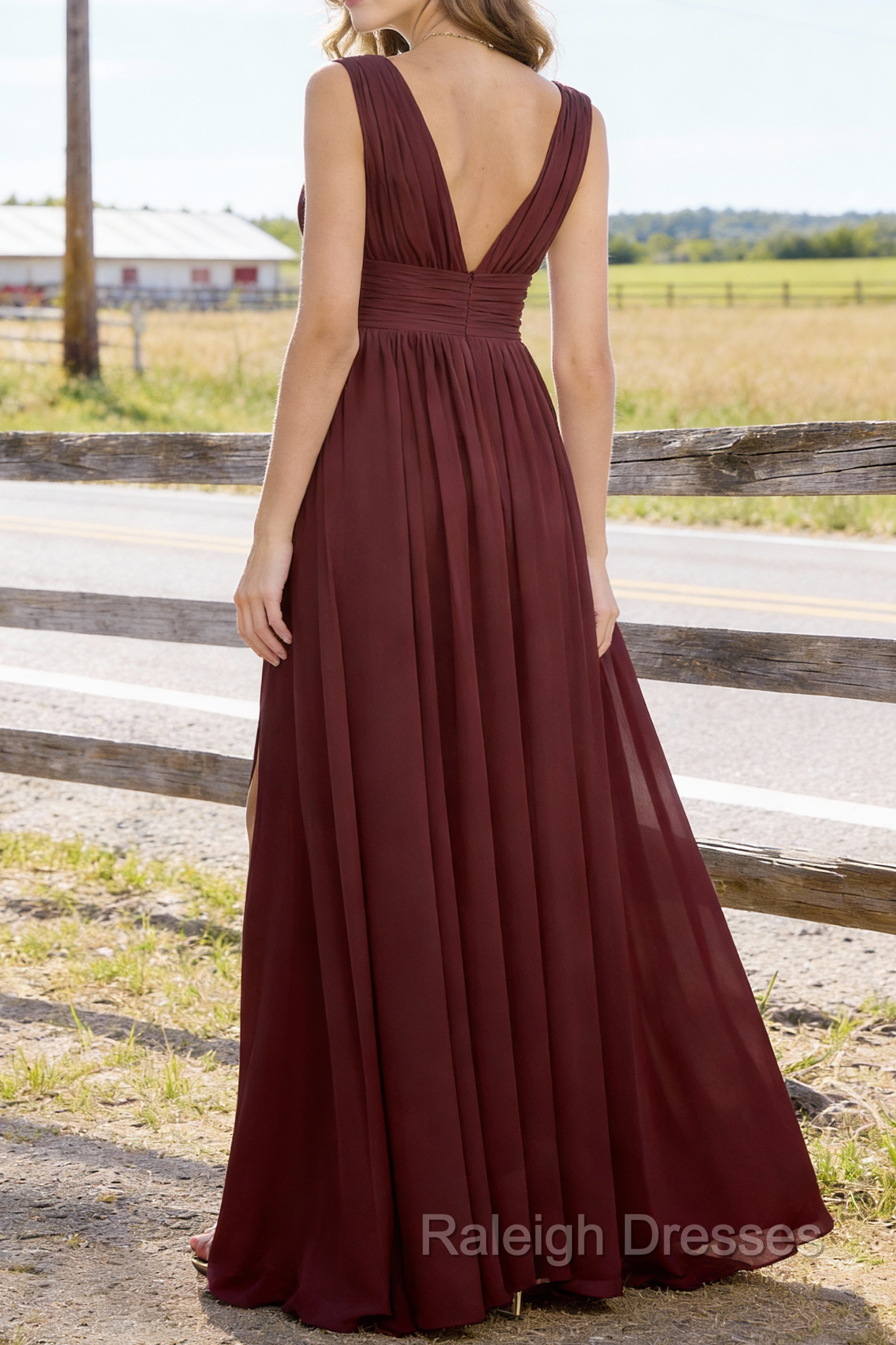 Burgundy V Neck Chiffon Floor Length Bridesmaid Dress Long Bridesmaid Dresses With Pleated Split Secondary image