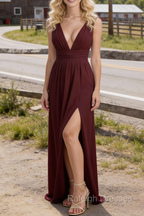 Burgundy V Neck Chiffon Floor Length Bridesmaid Dress Long Bridesmaid Dresses With Pleated Split