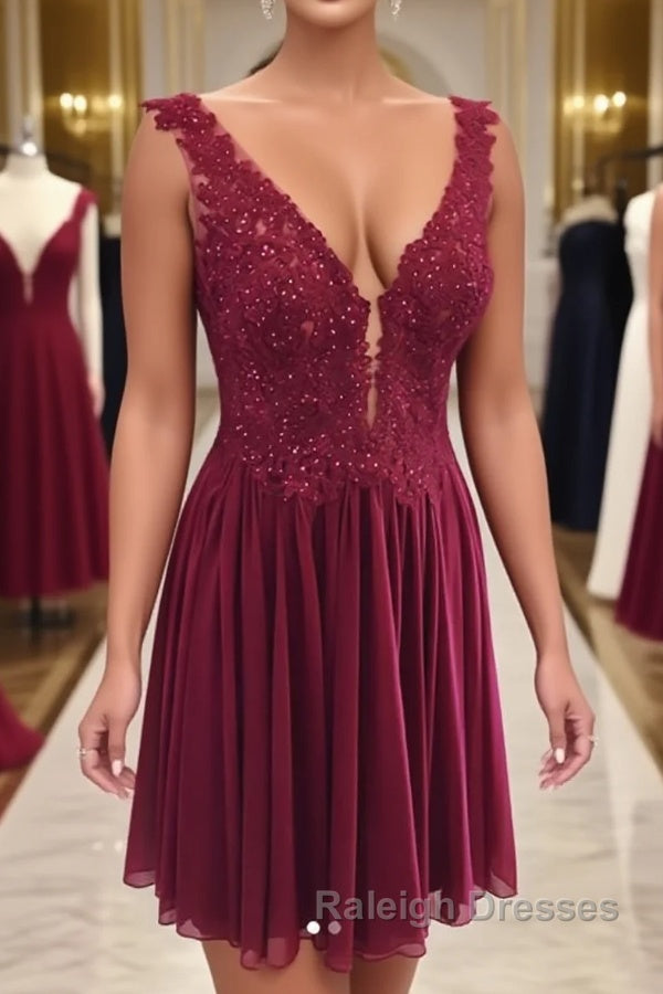 Burgundy v neck chiffon lace short prom dress, homecoming dress