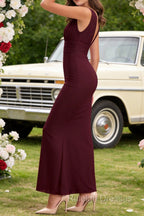 Burgundy V Neck Chiffon Prom Dresses Long Bridesmaid Dress With Pleated Split
