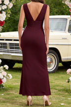 Burgundy V Neck Chiffon Prom Dresses Long Bridesmaid Dress With Pleated Split