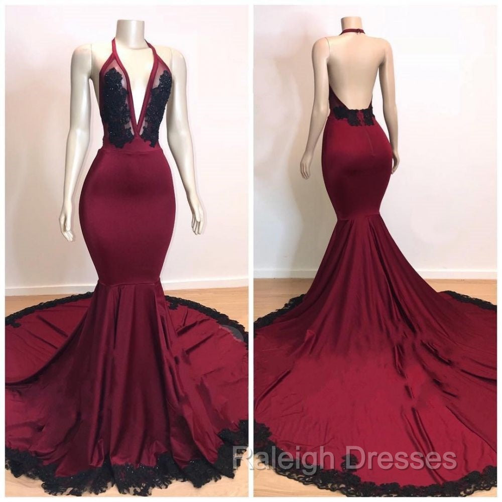 Burgundy V Neck Halter Appliques Long Mermaid Prom Dresses Secondary image
