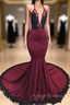 Burgundy V Neck Halter Appliques Long Mermaid Prom Dresses