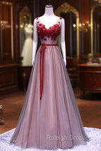 Burgundy V Neck Lace Floral Long Prom Dresses, Burgundy V Neck Long Formal Prom Dresses
