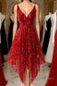 Burgundy v neck lace high low prom dress lace formal dress
