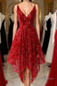 Burgundy v neck lace high low prom Dresses lace Prom Dresses