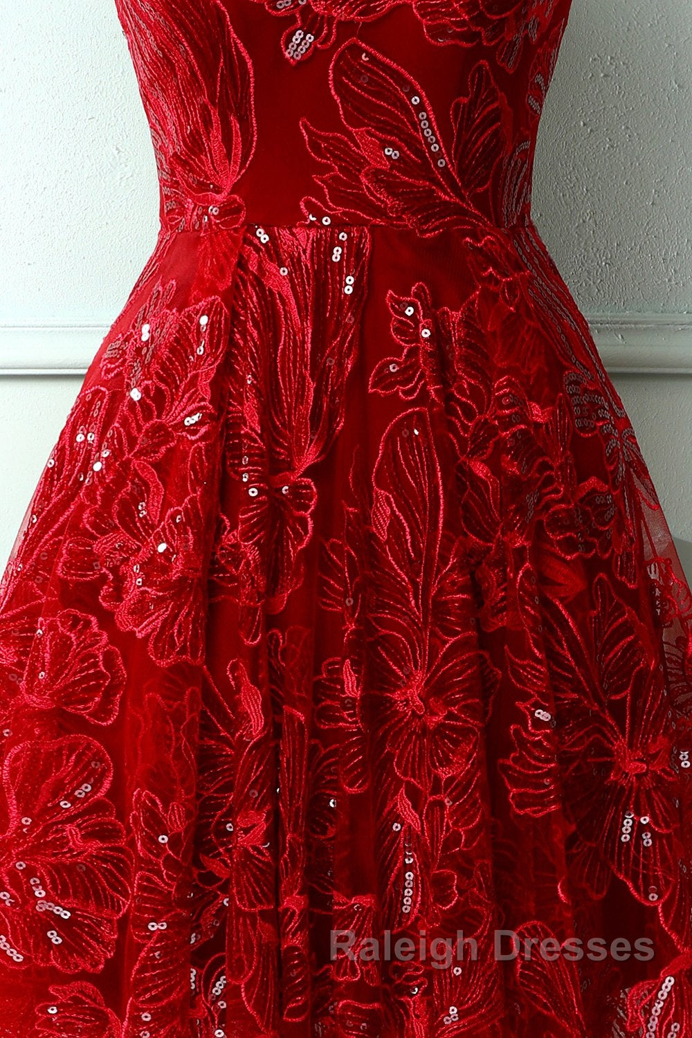 Burgundy v neck lace high low prom dress lace formal dress Secondary image
