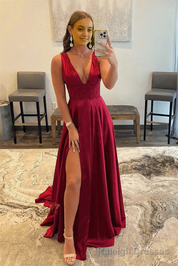 Burgundy V Neck Lace Long Prom Prom Dress with High Slit