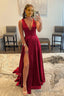 Burgundy V Neck Lace Long Prom Prom Dress with High Slit