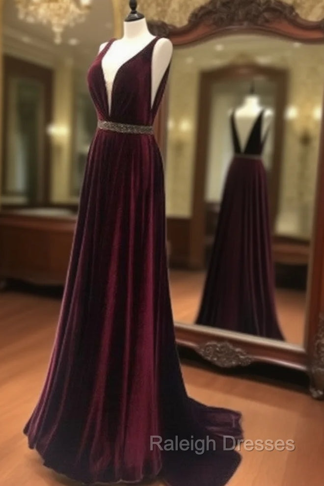 Burgundy V Neck Long Prom Dress, Burgundy Evening Dress