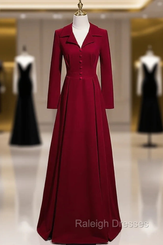 Burgundy V Neck Long Prom Dress, Sleeveless Formal Dresses