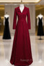Burgundy V-neck Long Sleeve Prom Dress