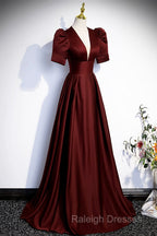 Burgundy V-Neck Satin Long Prom Dress, Simple Short Sleeve Evening Party Dress