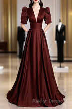 Burgundy V-Neck Satin Long Prom Dress, Simple Short Sleeve Evening Party Dress