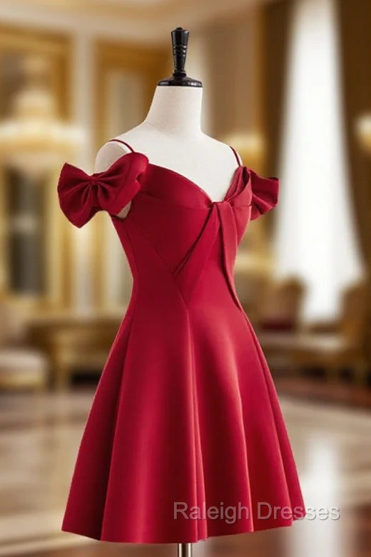 Burgundy  V Neck Satin Short Prom Dress, Burgundy Homecoming Dress Main image