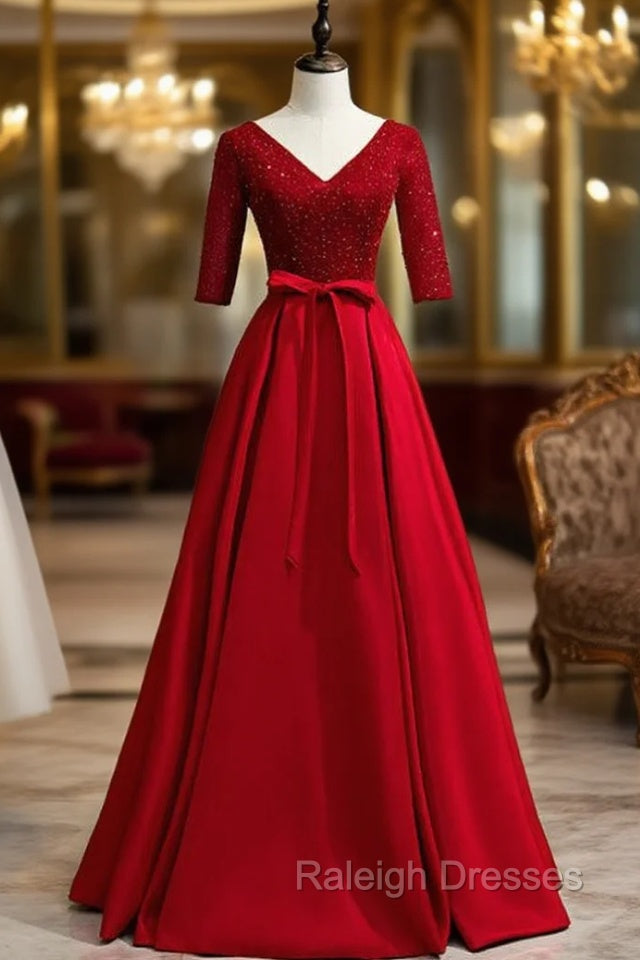 Burgundy V Neck Satin Short Sleeve Sequins Prom Dress Main image