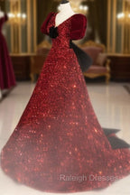 Burgundy V Neck Sequin Long Prom Dress, Burgundy Prom Dress