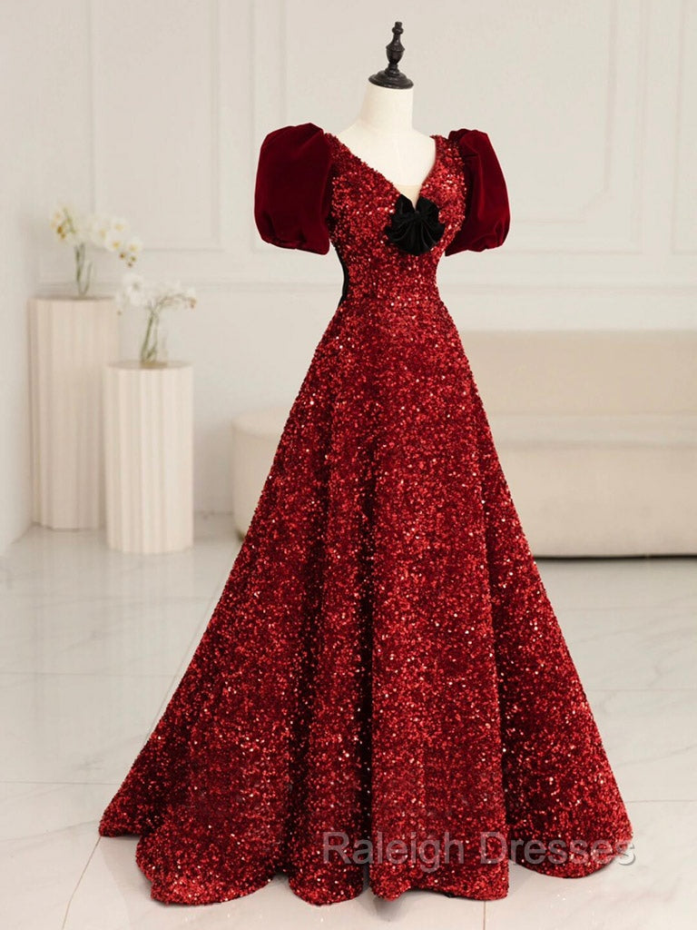 Burgundy V Neck Sequin Long Prom Dress, Burgundy Evening Dress Main image