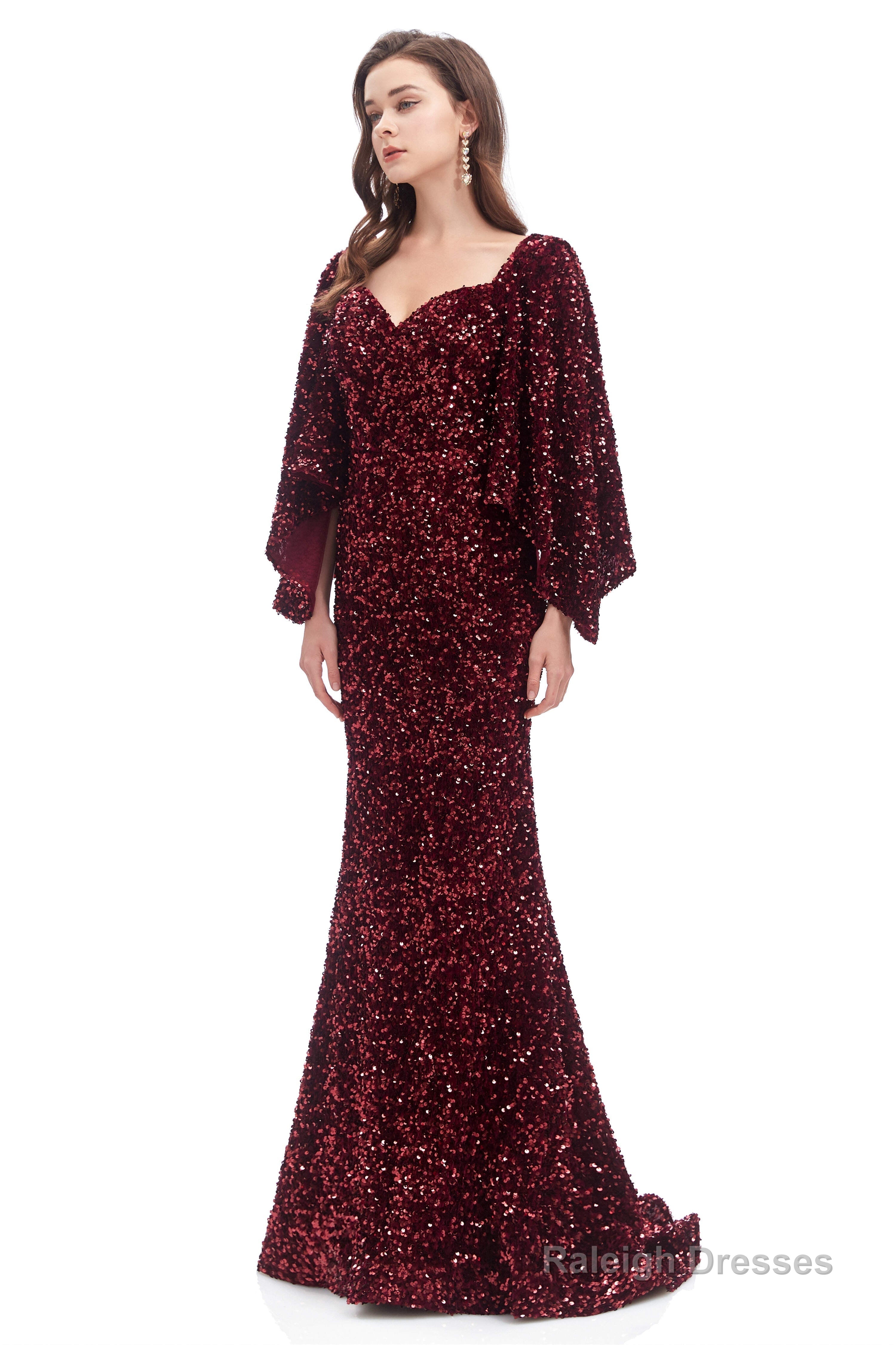 V-Neck Sequins Mermaid Prom Dresses with Sleeves