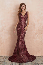 V-Neck Sequins Mermaid Sleeveless Lace-up Prom Dresses
