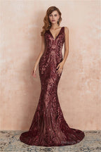 V-Neck Sequins Mermaid Sleeveless Lace-up Prom Dresses