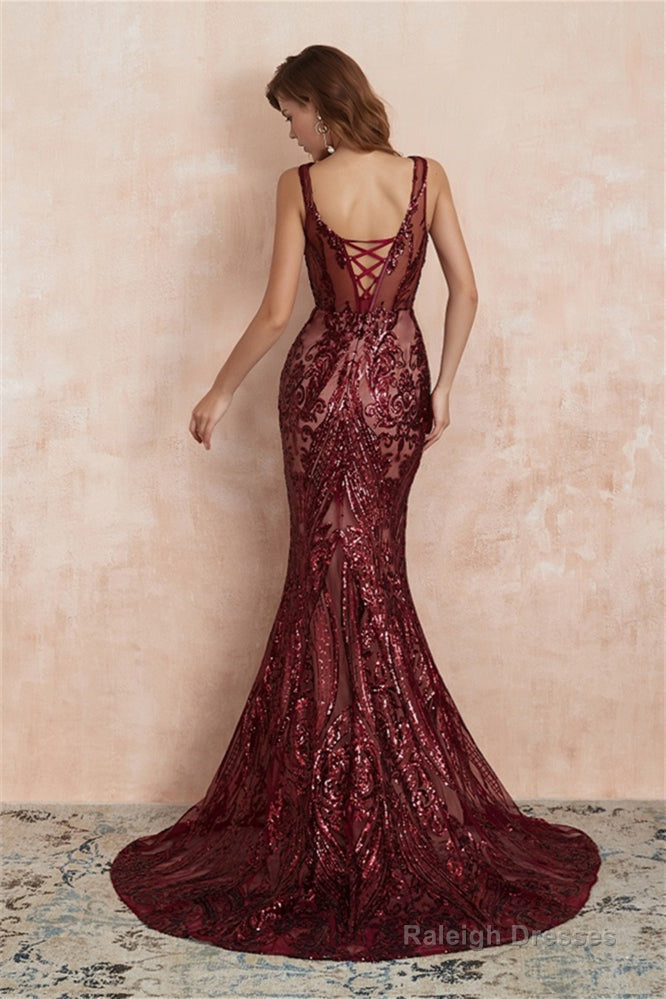 V-Neck Sequins Mermaid Sleeveless Lace-up Prom Dresses