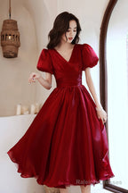 Burgundy V-Neck Short A-Line Prom Dress, Burgundy Short Sleeve Party Dress