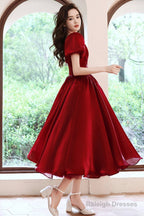 Burgundy V-Neck Short A-Line Prom Dresses Burgundy Short Sleeve Prom Dresses
