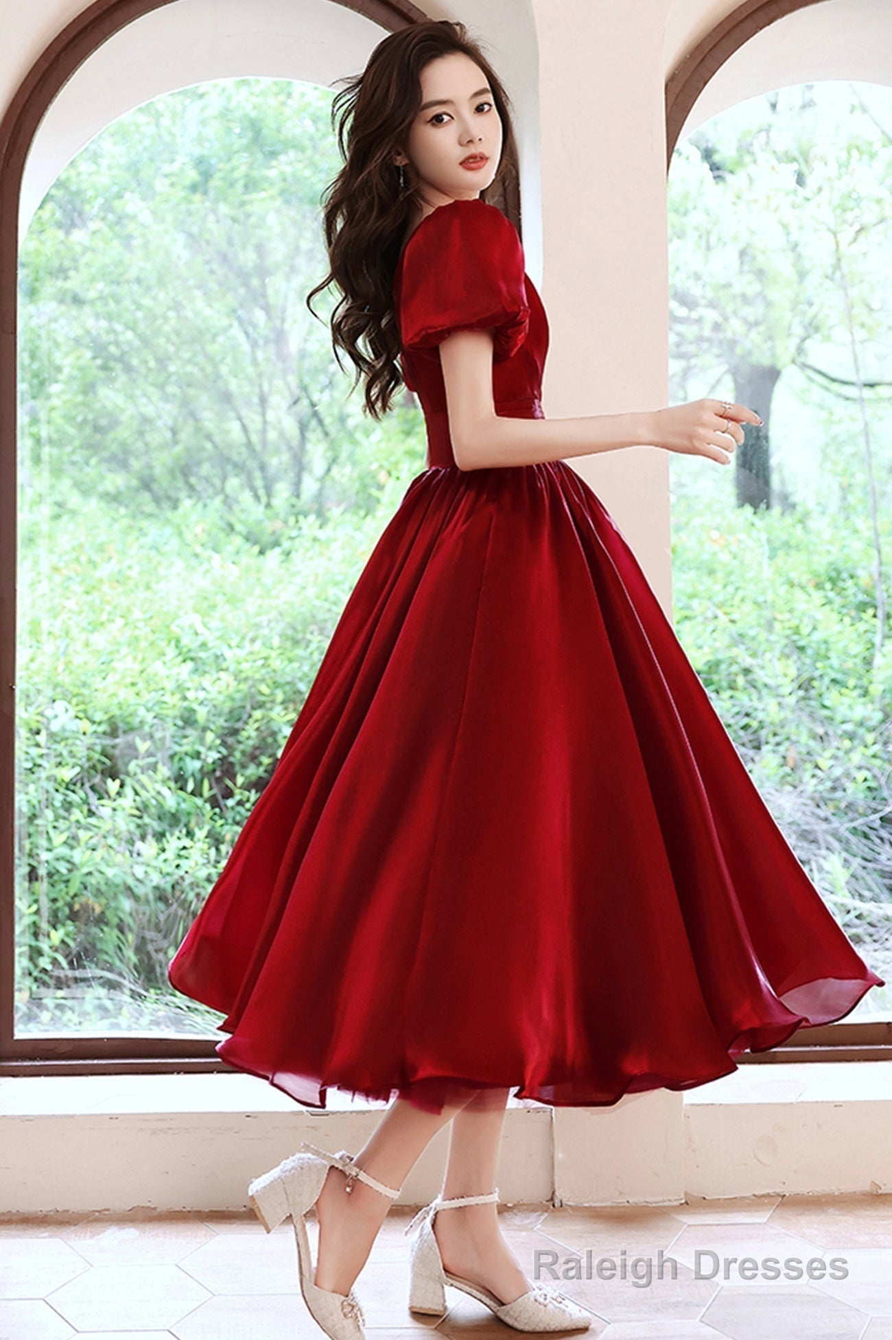Burgundy V-Neck Short A-Line Prom Dresses Burgundy Short Sleeve Prom Dresses