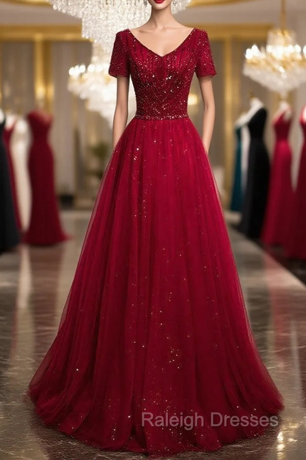 Burgundy V-neck Short Sleeve Beading Prom Dress