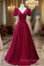 Burgundy V-neck Short Sleeve Pearls Prom Dress