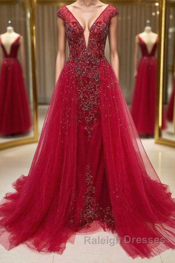 Burgundy v neck tulle beads long prom Dresses burgundy Prom Dresses