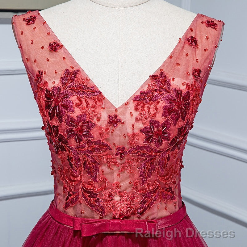 Burgundy V Neck Tulle Lace Long Prom Dress, Burgundy Prom Dress