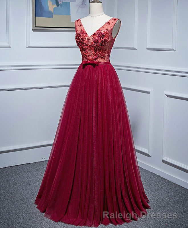 Burgundy V Neck Tulle Lace Long Prom Dress, Burgundy Evening Dress Main image