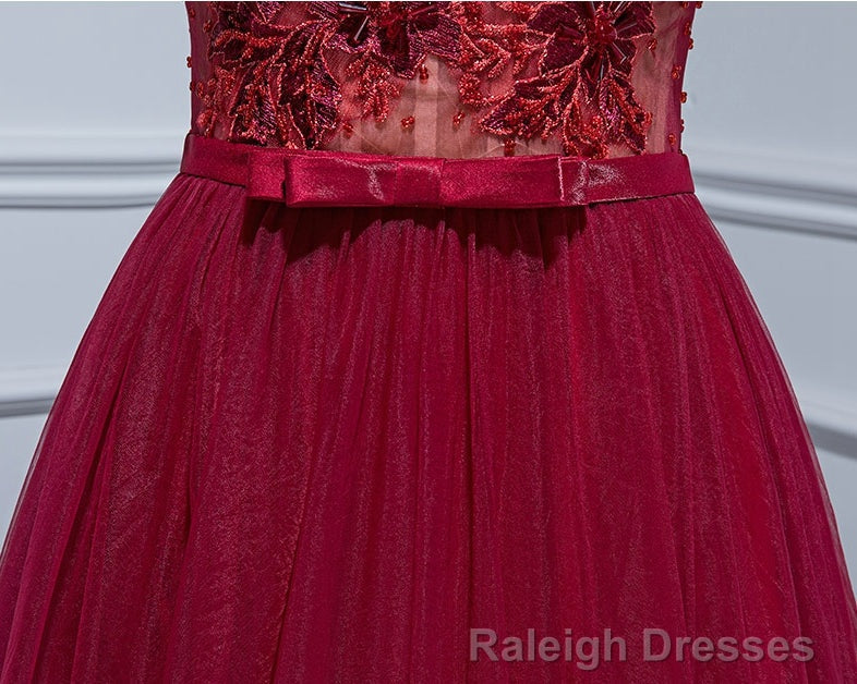 Burgundy V Neck Tulle Lace Long Prom Dress, Burgundy Evening Dress
