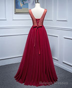 Burgundy V Neck Tulle Lace Long Prom Dress, Burgundy Evening Dress