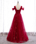 Burgundy V Neck Tulle Lace Long Prom Dress Burgundy Prom Dress