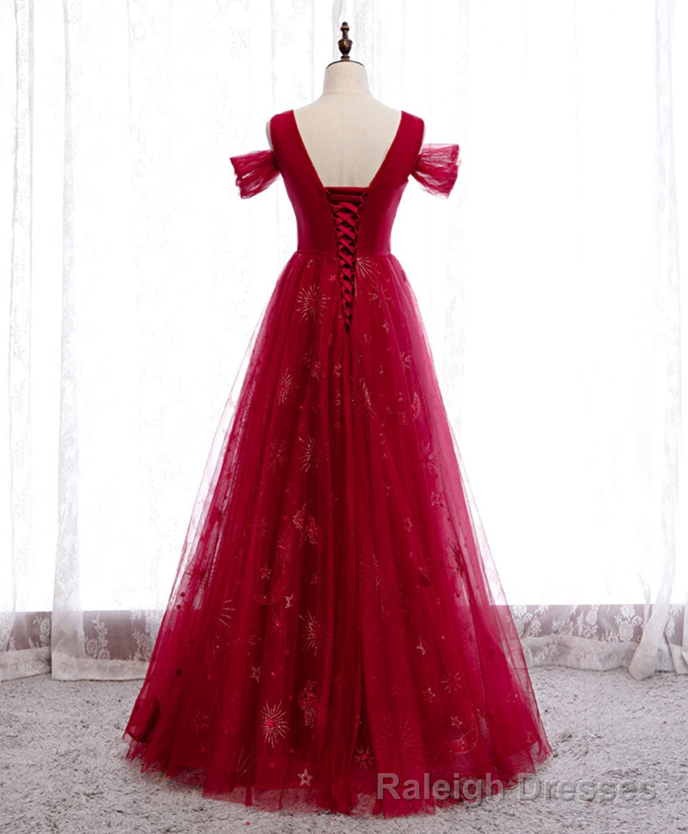 Burgundy V Neck Tulle Lace Long Prom Dress Burgundy Prom Dress