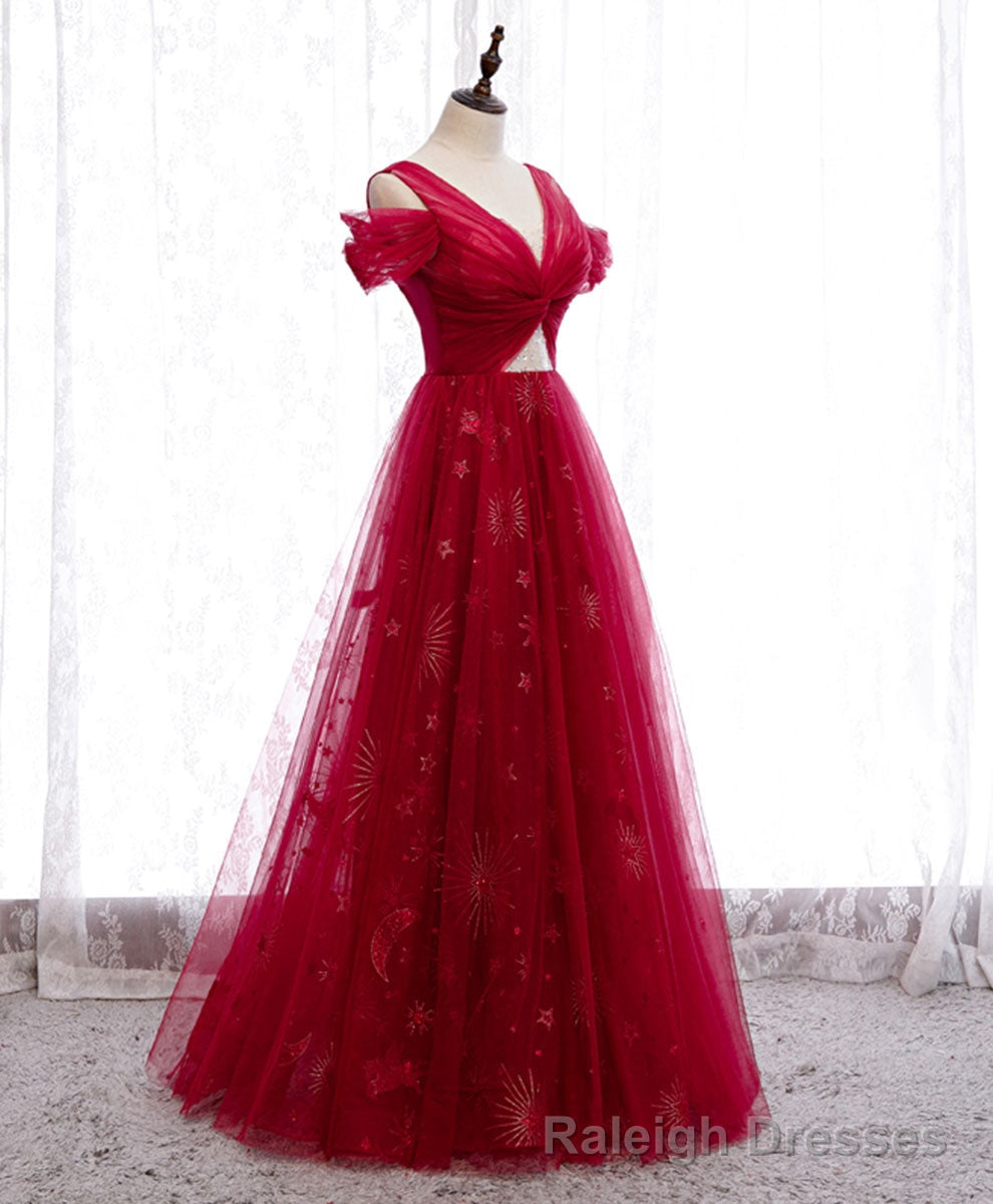 Burgundy V Neck Tulle Lace Long Prom Dress Burgundy Prom Dress Main image