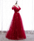Burgundy V Neck Tulle Lace Long Prom Dress Burgundy Prom Dress