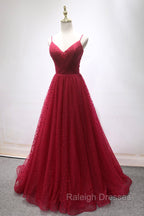 Burgundy V Neck Tulle Long Prom Dress, A Line Backless Prom Prom Dress