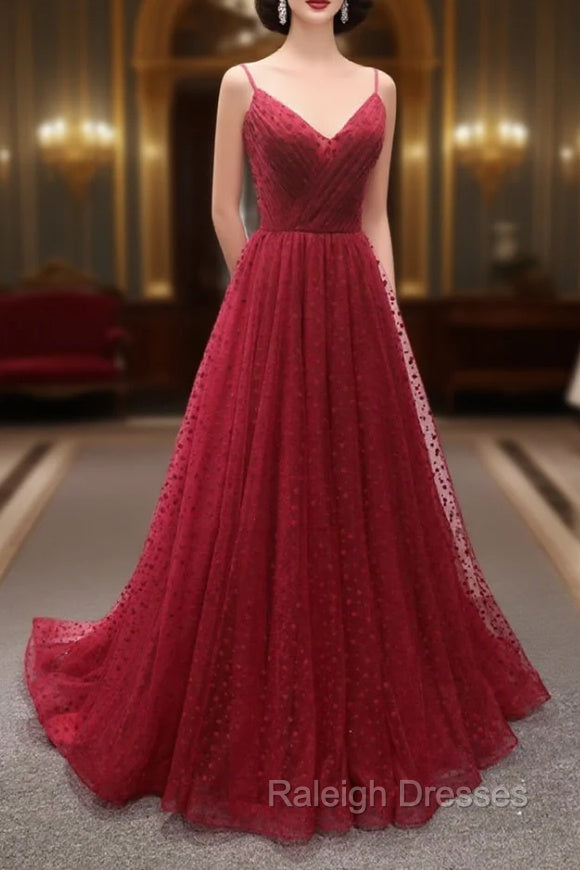Burgundy V-Neck Tulle Long Prom Dress, A-Line Backless Evening Party Dress
