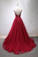 Burgundy V-Neck Tulle Long Prom Dress, A-Line Backless Evening Party Dress