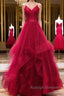 Burgundy v neck tulle long prom dress, burgundy evening dress